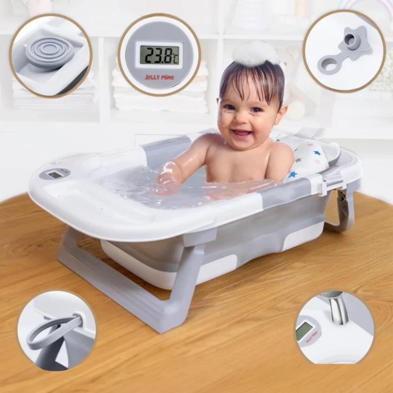 Baignoire Bébé Pliable Avec Thermometre Intégré - Coussin de Bain et Plateau de rangement Gris – Image 6