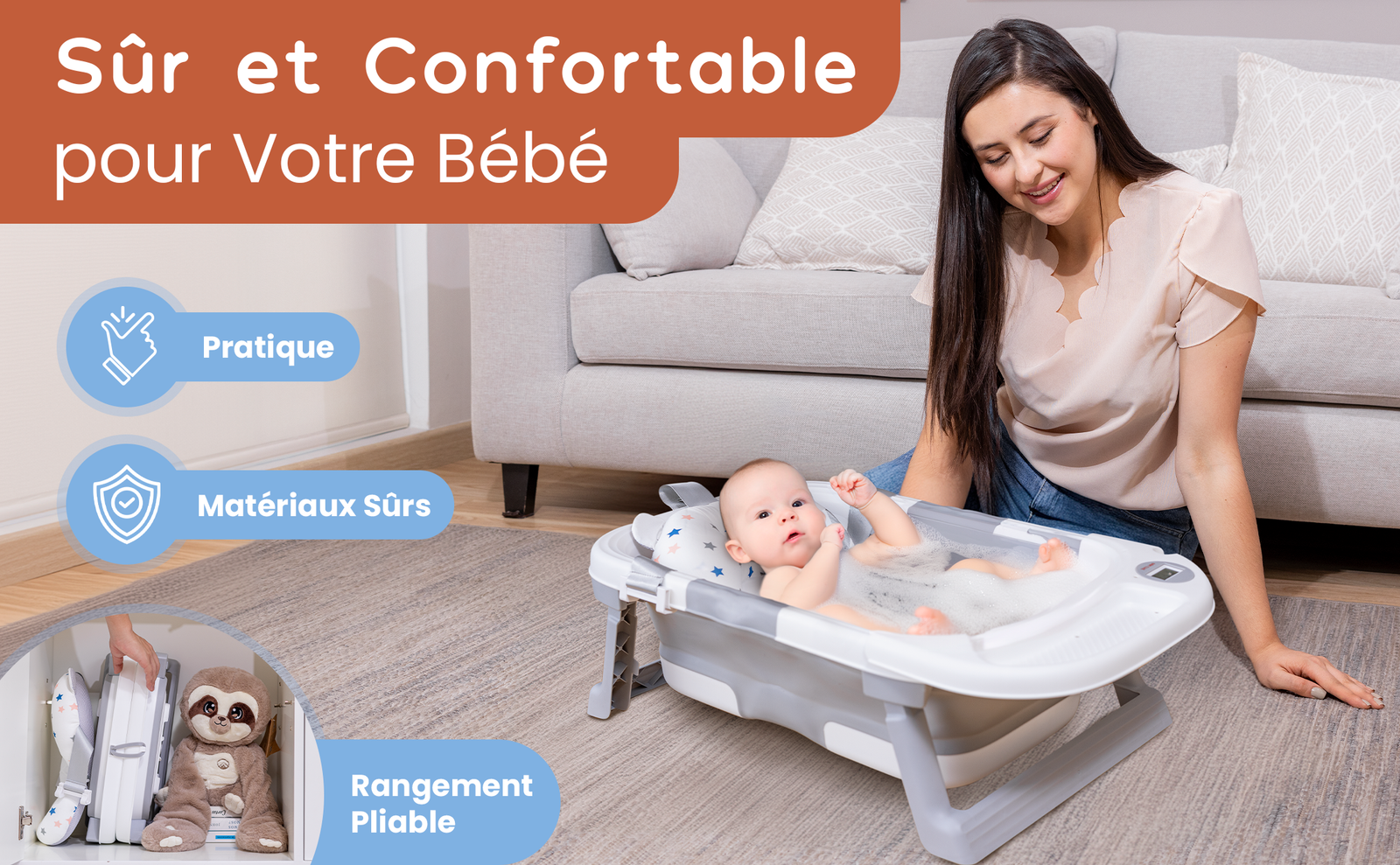 Maman installant bébé dans une baignoire pliable bébé pour un bain confortable