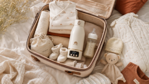 Valise de maternité préparée avec les essentiels de bébé et le chauffe biberon nomade Jolly Mino affichant 37°C