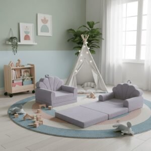 Fauteuil et canapé-lit enfant gris dans une chambre Montessori - Jolly Mino