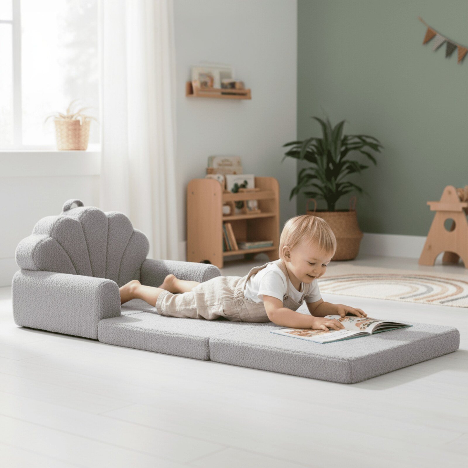 Enfant allongé lisant sur le canapé-lit enfant gris déplié - Jolly Mino