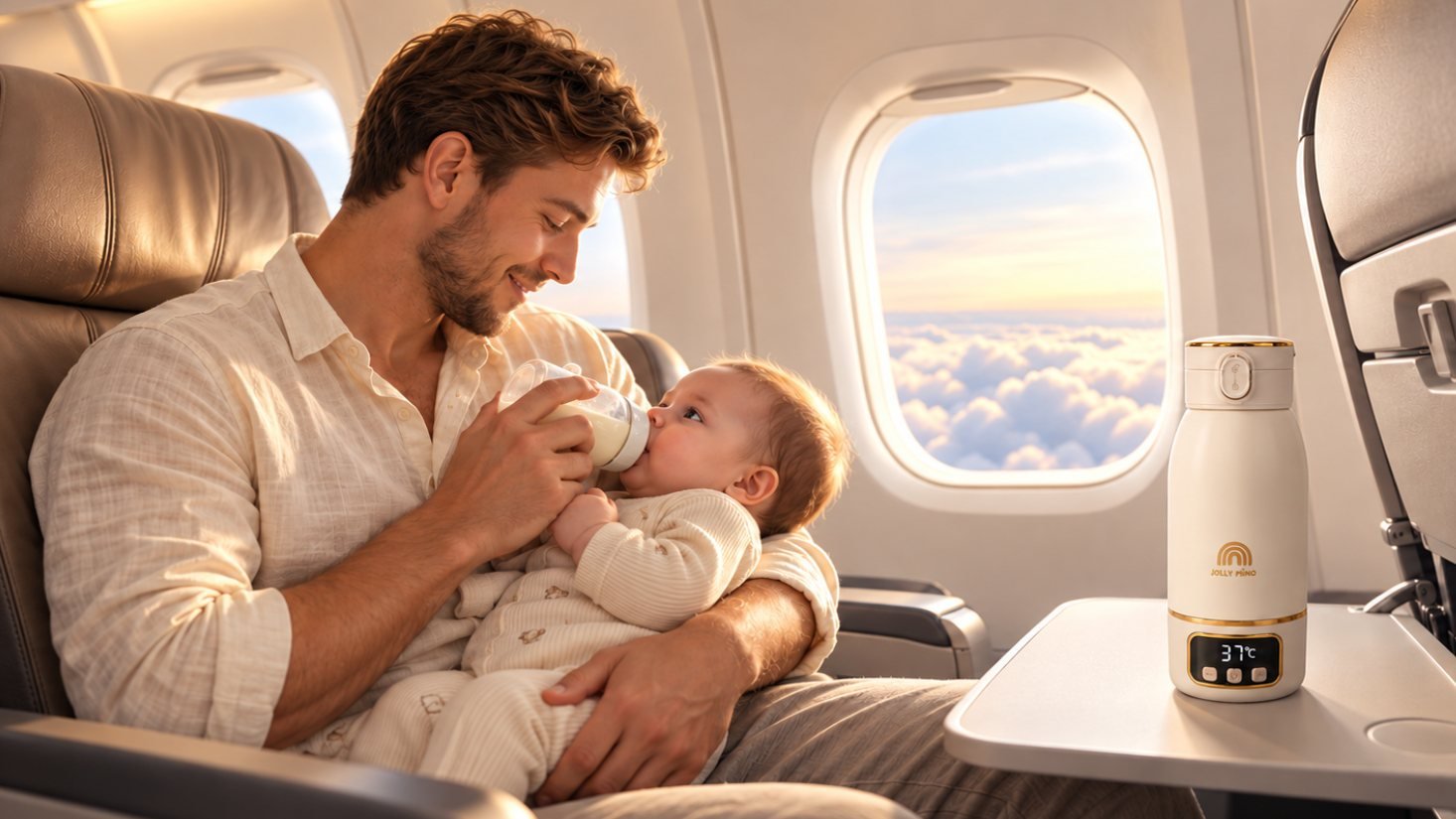 Papa qui donne le biberon en avion avec le chauffe-biberon V2