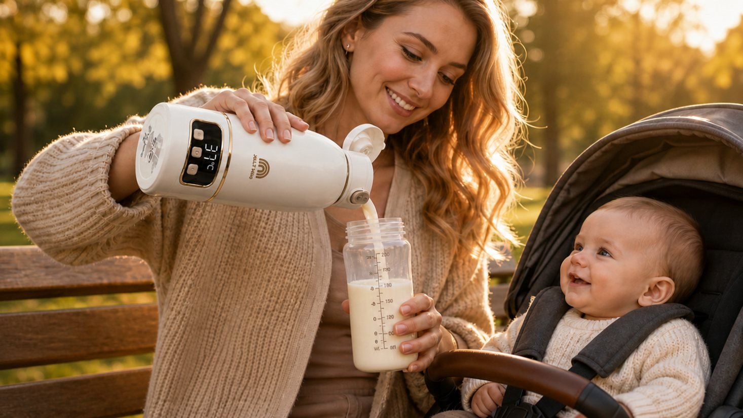 Maman qui verse le lait chaud du chauffe-biberon V2 en balade