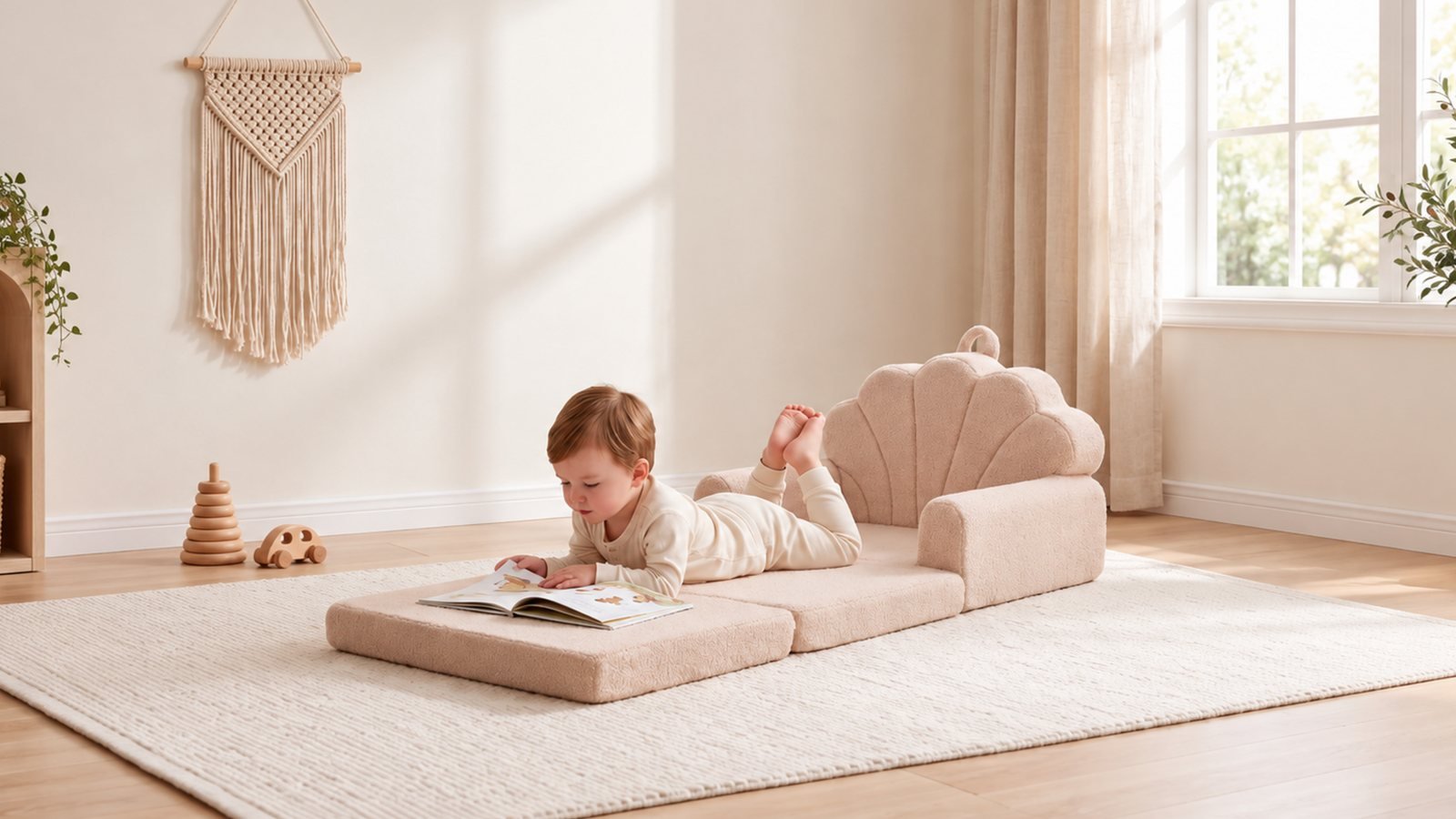 Fauteuil coquillage beige déplié en couchage pour lire