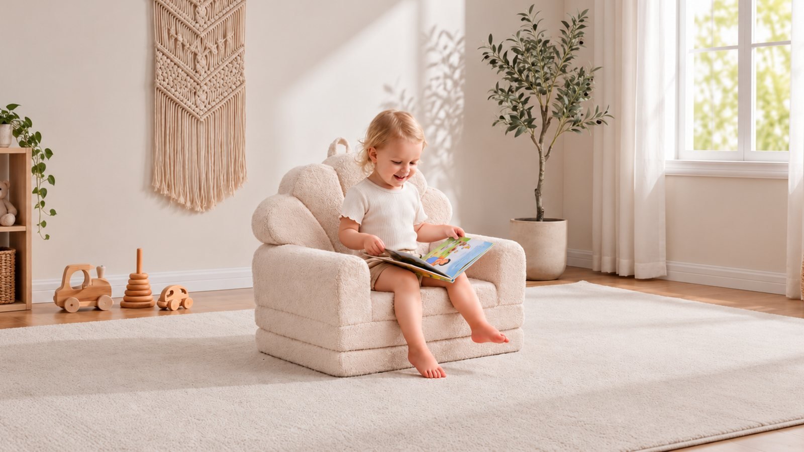 Enfant qui lit dans le fauteuil coquillage beige Jolly Mino