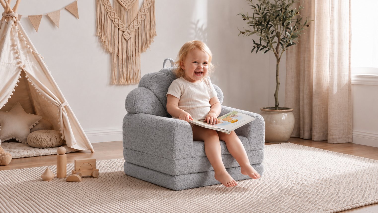 Enfant ravie dans le fauteuil coquillage gris perle Jolly Mino