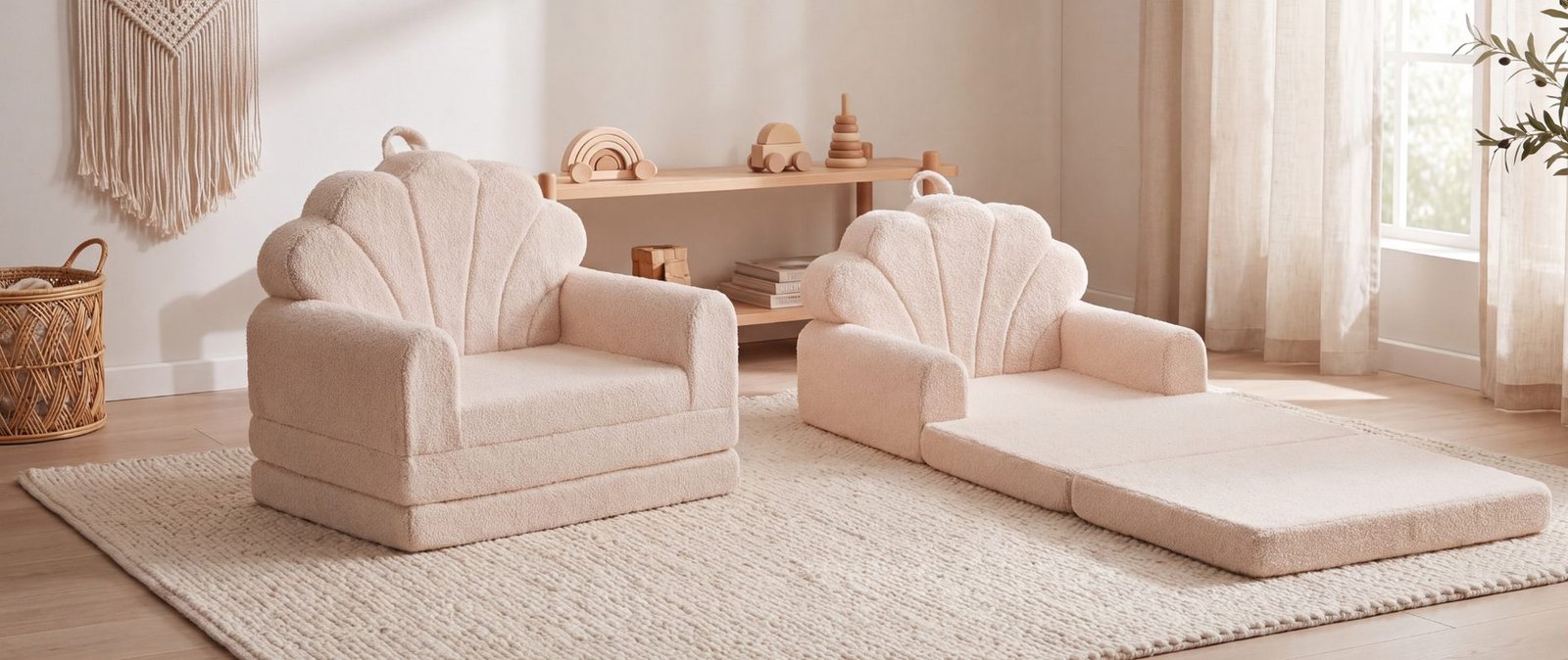 Chambre d’enfant avec fauteuils coquillage beige plié et déplié - Jolly Mino