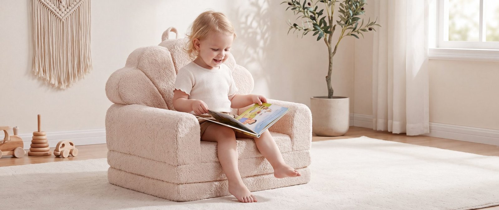 Fillette souriante lisant dans le fauteuil coquillage beige - Jolly Mino