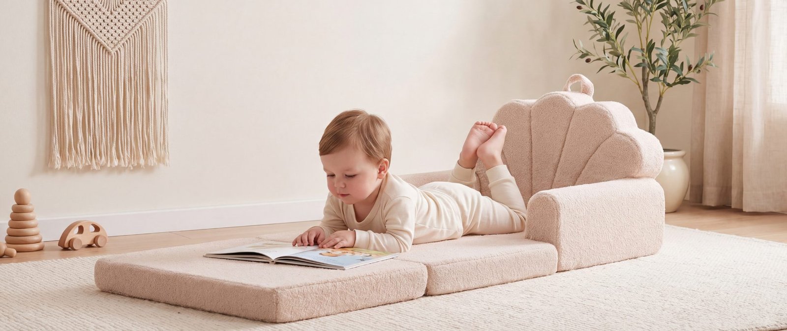 Enfant lisant allongé sur le fauteuil convertible beige déplié - Jolly Mino