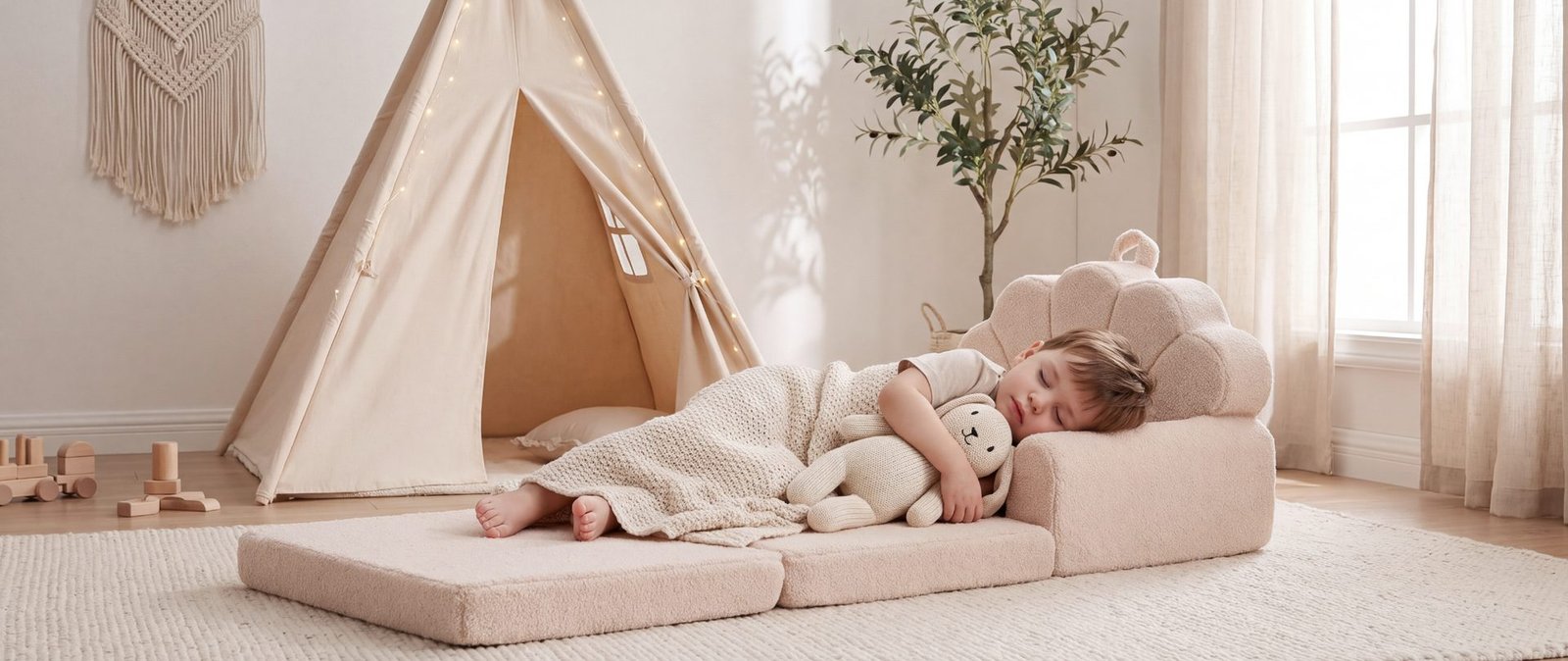 Enfant faisant la sieste avec son doudou sur le fauteuil beige déplié - Jolly Mino