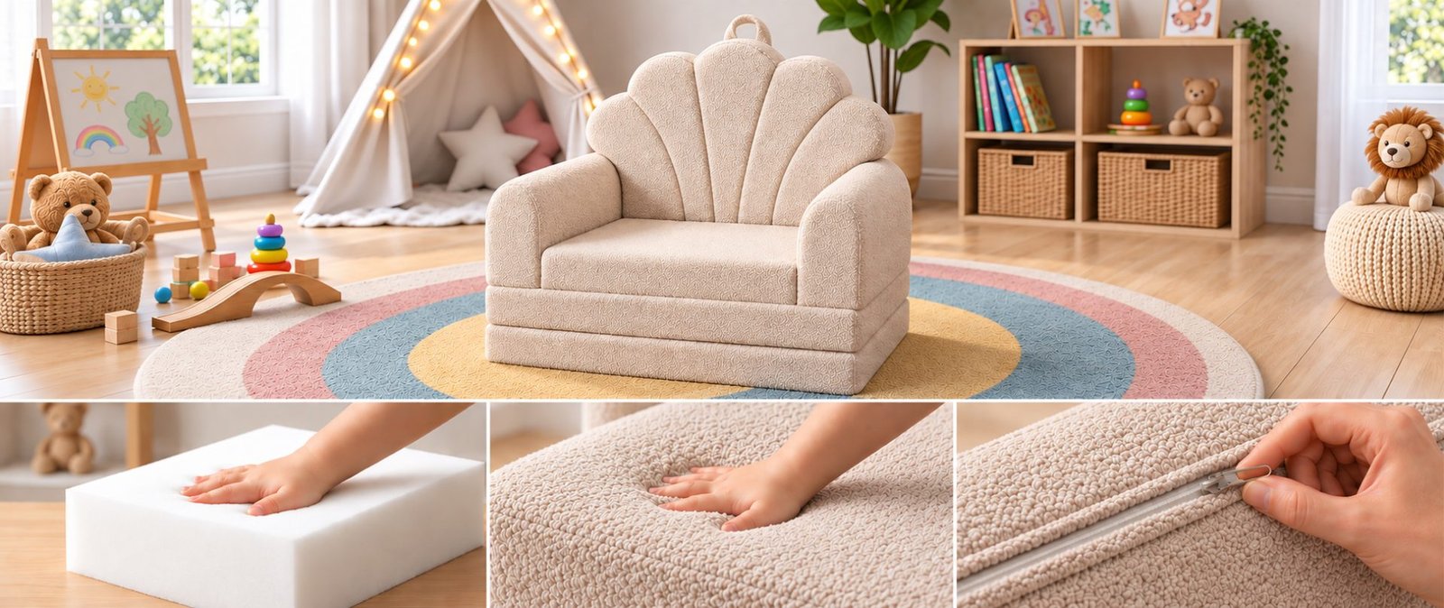Mousse 28 kg/m³ et housse bouclette zippée du fauteuil coquillage beige - Jolly Mino