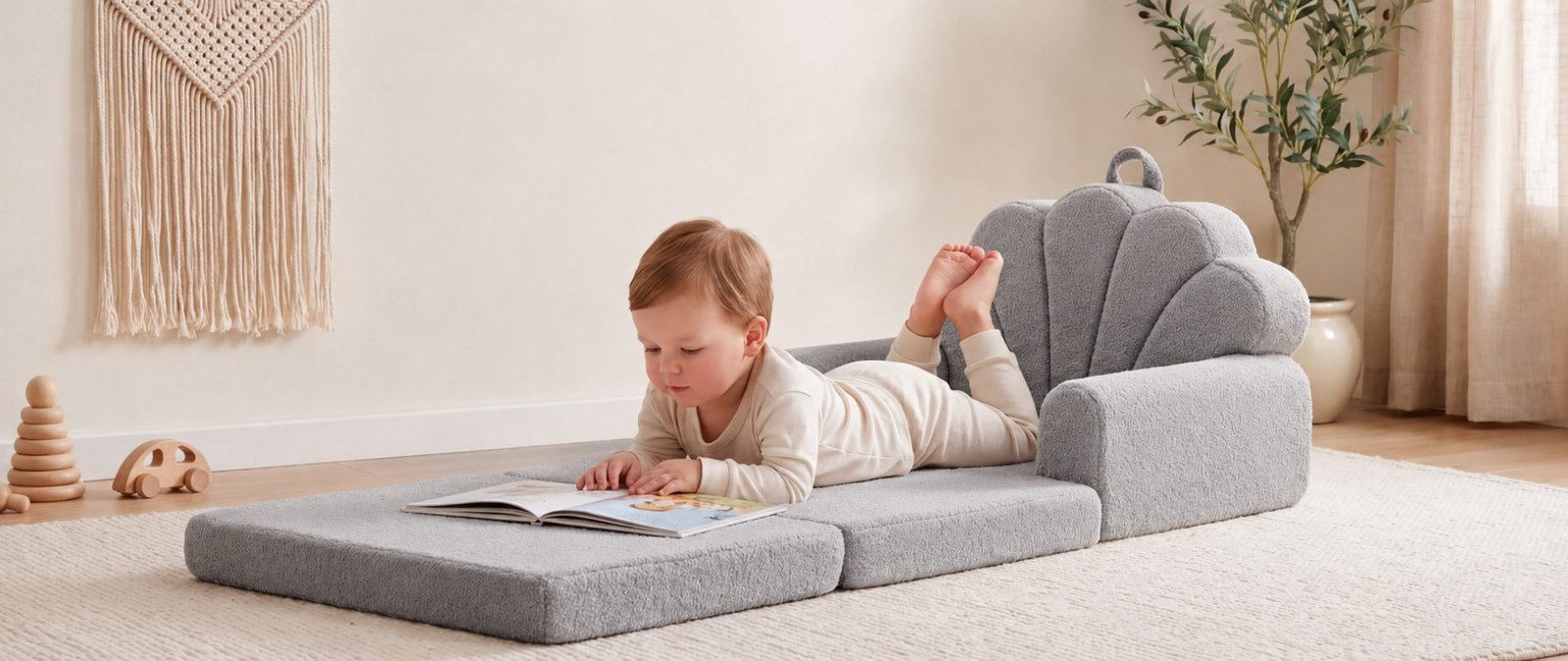 Enfant faisant la sieste sur le fauteuil convertible enfant gris déplié - Jolly Mino