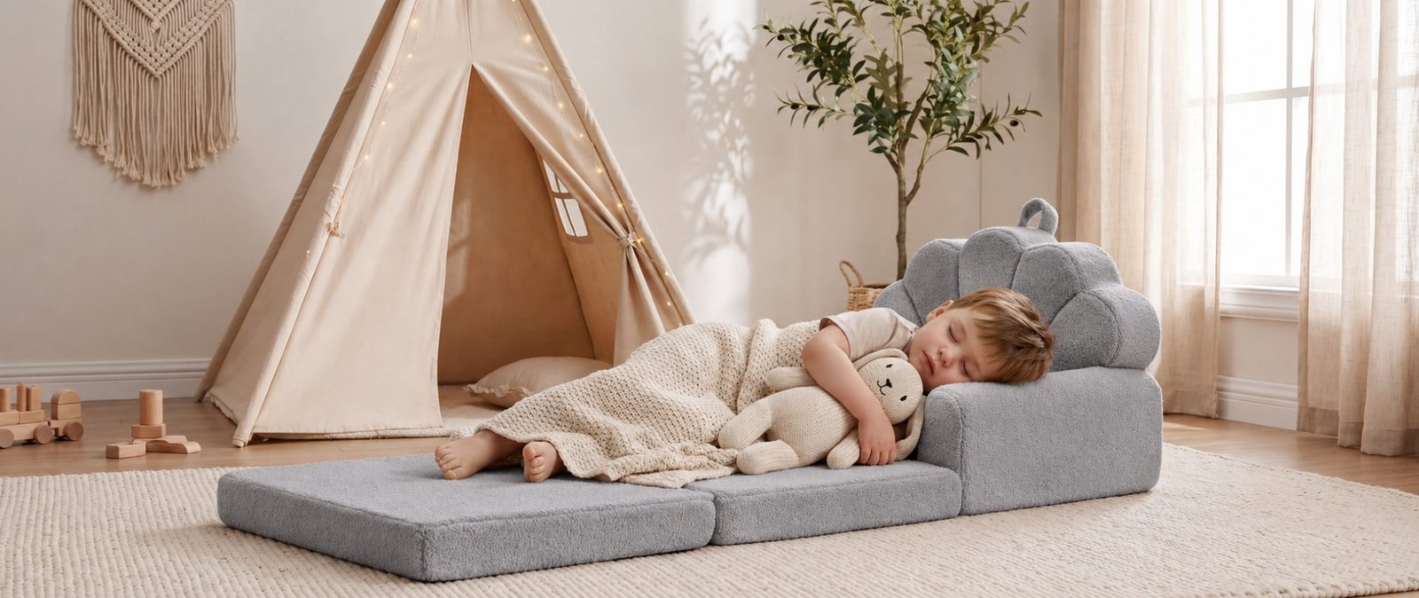 Petite fille lisant dans le fauteuil enfant gris tissu bouclette - Jolly Mino